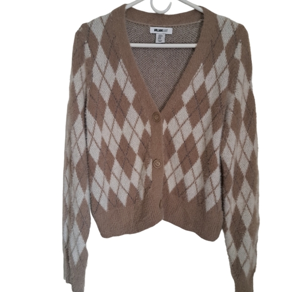 WILLIAM RAST cozy soft beige tan brown argyle plaid button cardigan sweater Med - Picture 5 of 9